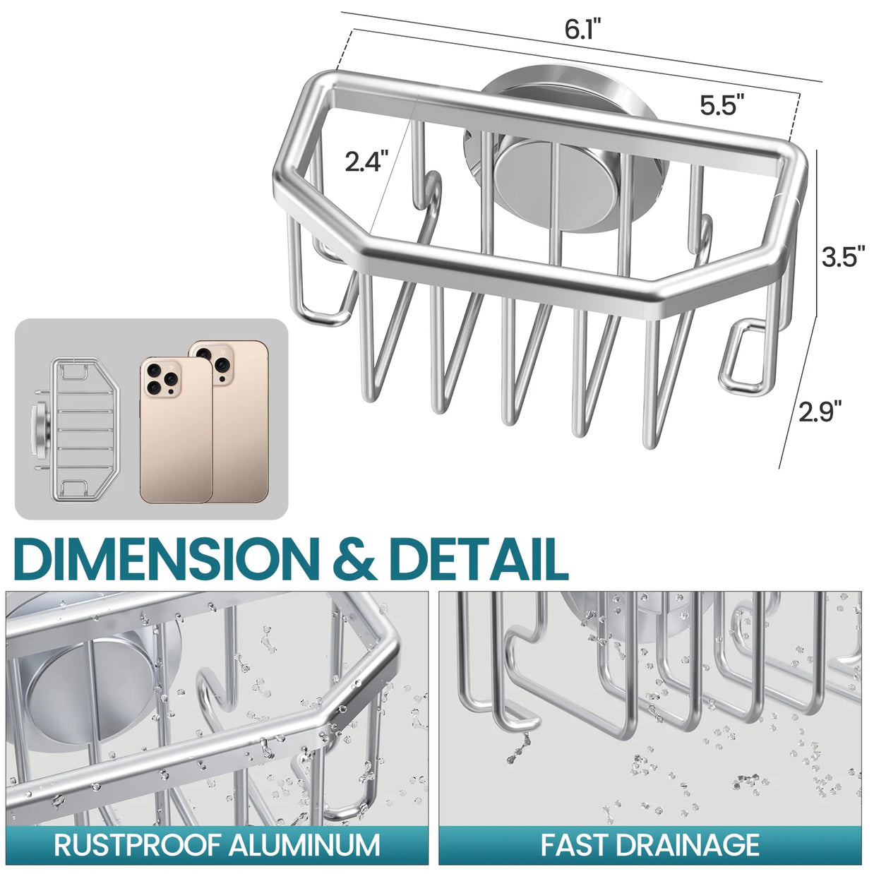 Sponge Holder for Kitchen Sink – Rustproof Aluminum – Silver – Compact Design 6