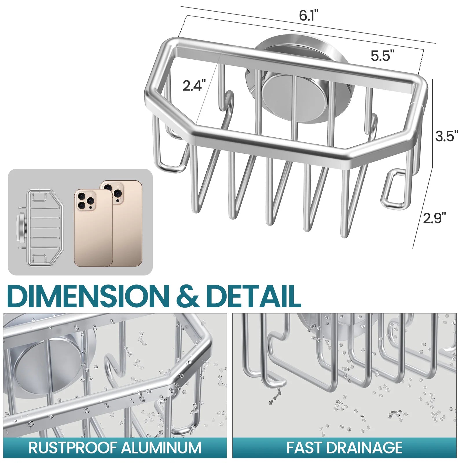 Sponge Holder for Kitchen Sink – Rustproof Aluminum – Silver – Compact Design 6